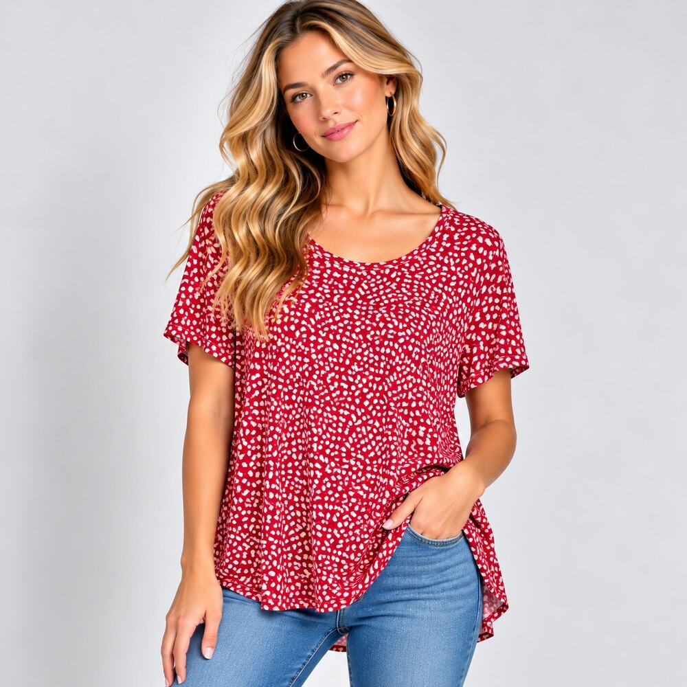 Susan Graver Liquid Knit Blouse Women's Size M Red Spreckled Casual Office